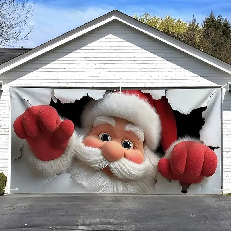 Christmas Garage Door Cover 240x180cm 3D Santa Claus Brick Wall Banner Indoor Outdoor Decor - Image 2